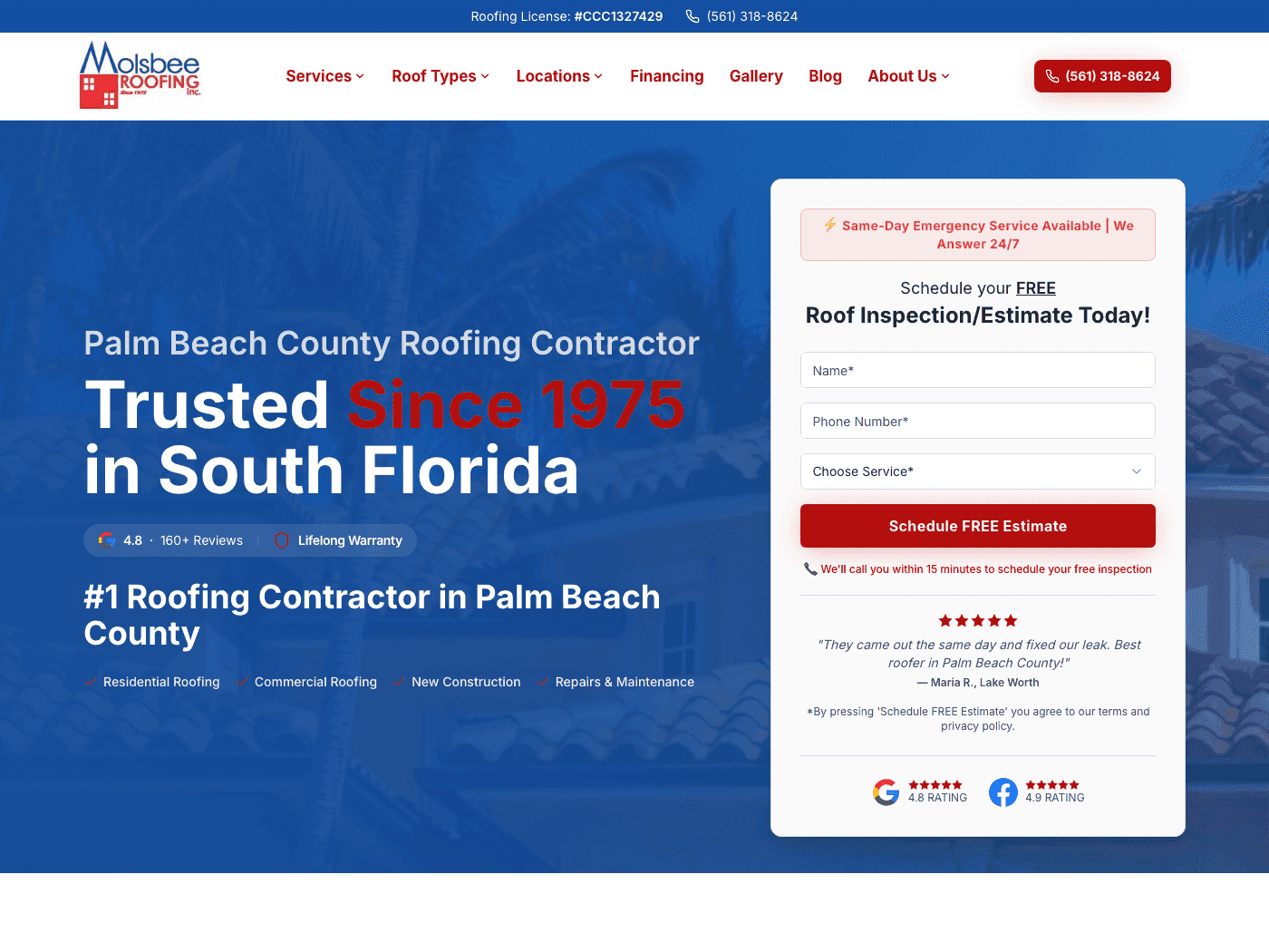 Molsbee Roofing live website